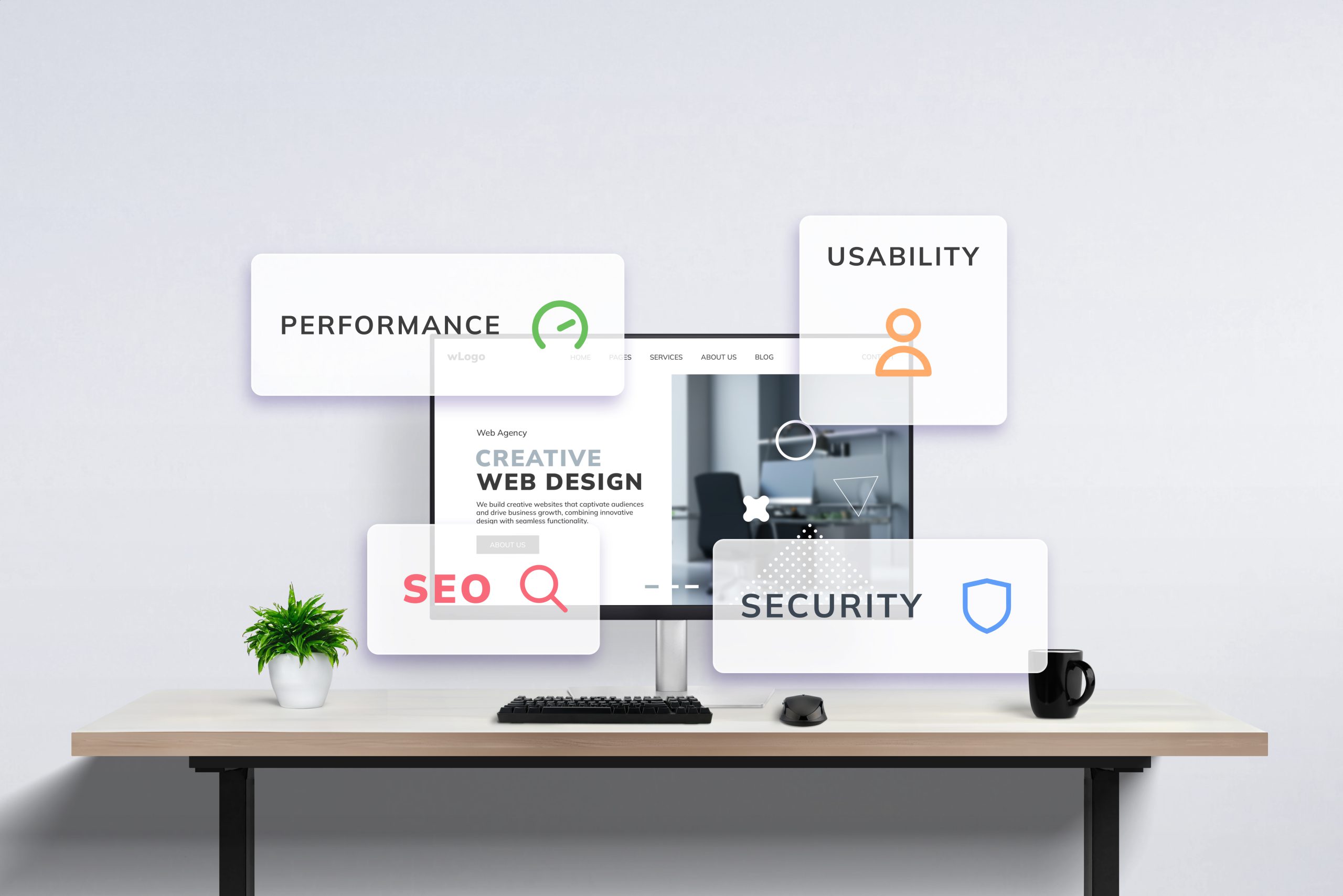 Modern office desk with computer displaying web design agency concept mockup scene creator