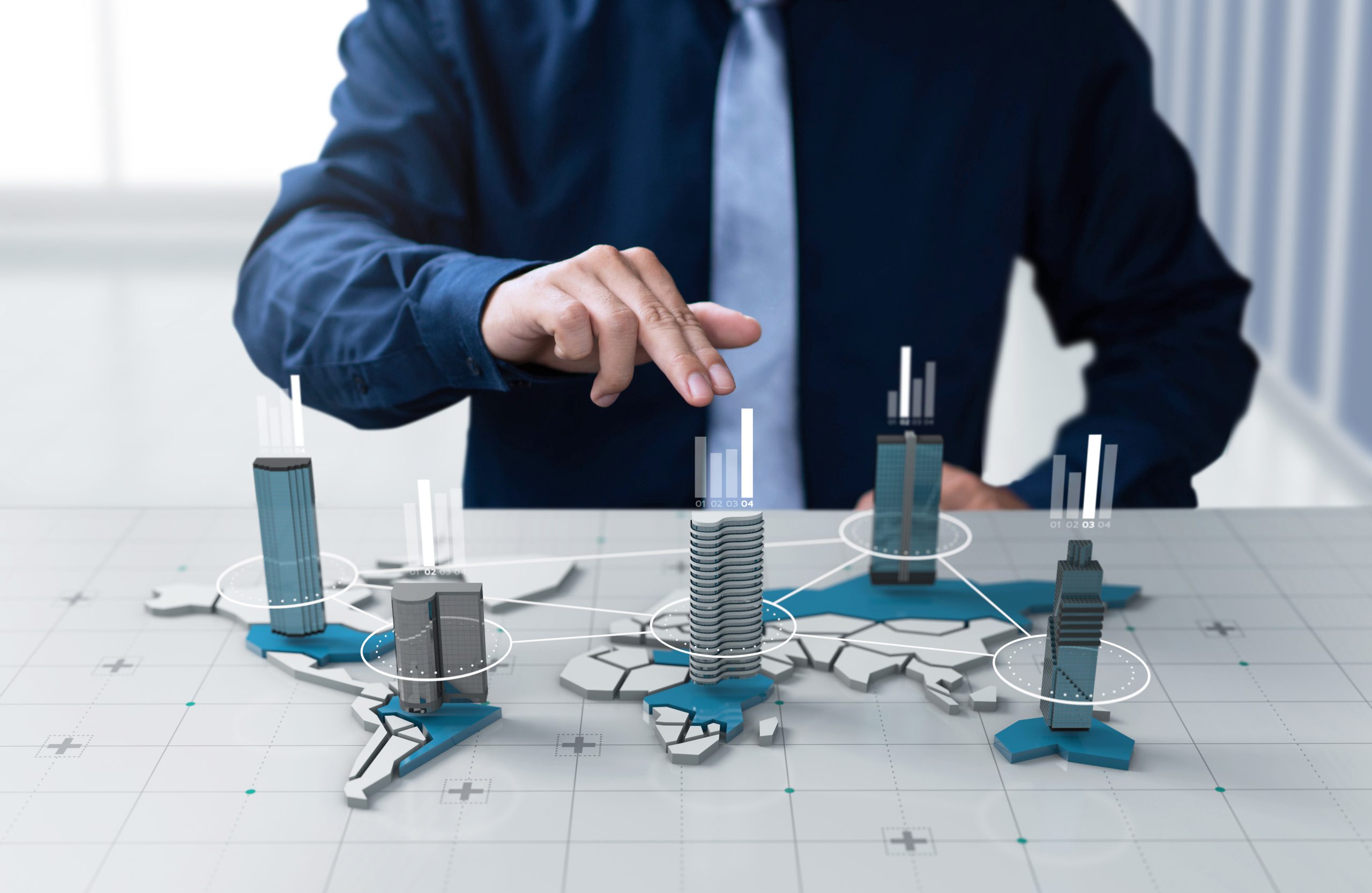 Businessman show chart profit company on digital 3d world map screen